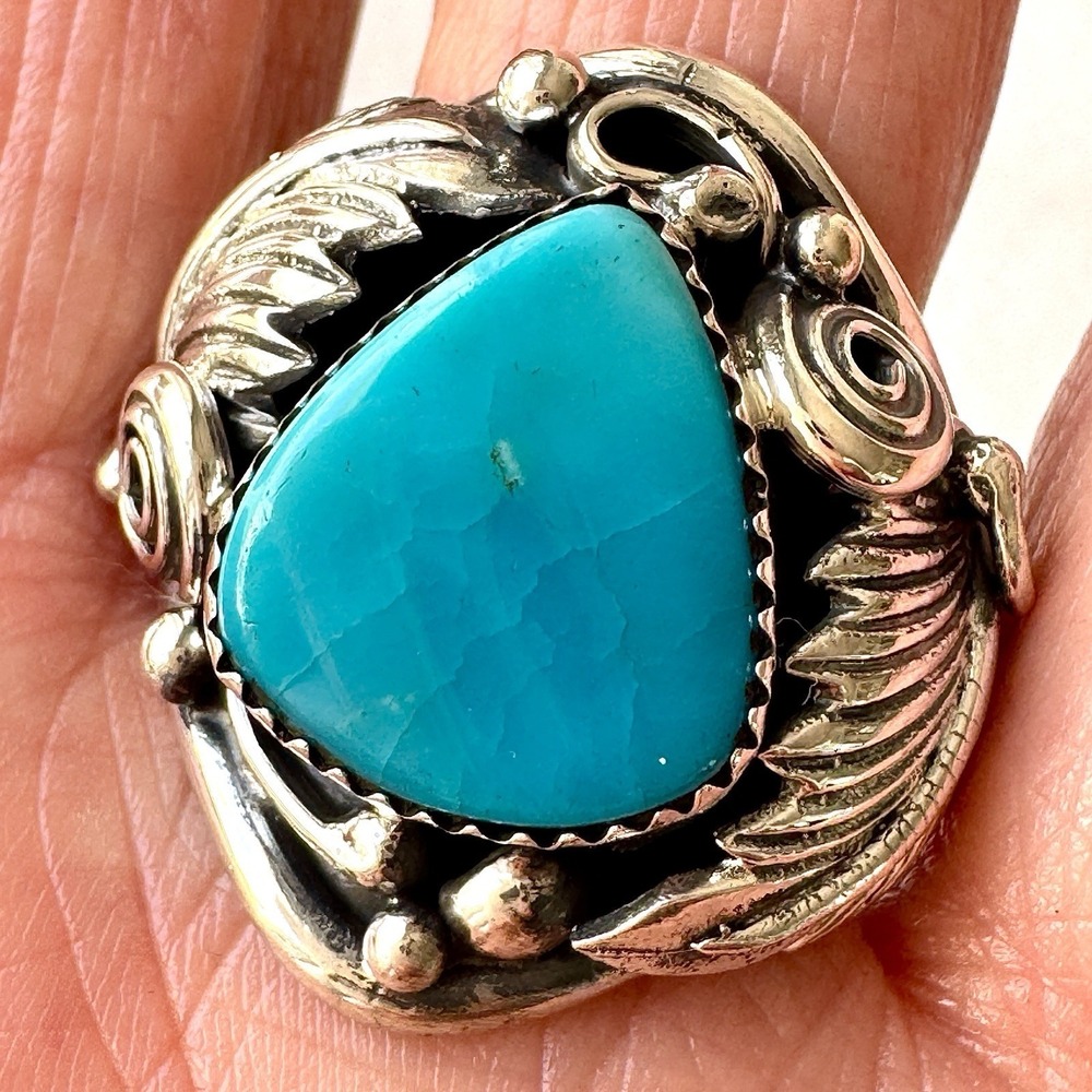Navajo Turquoise Mens Ring Sz 14 Leaf Feather Signed Morgan Sterling Native Amer